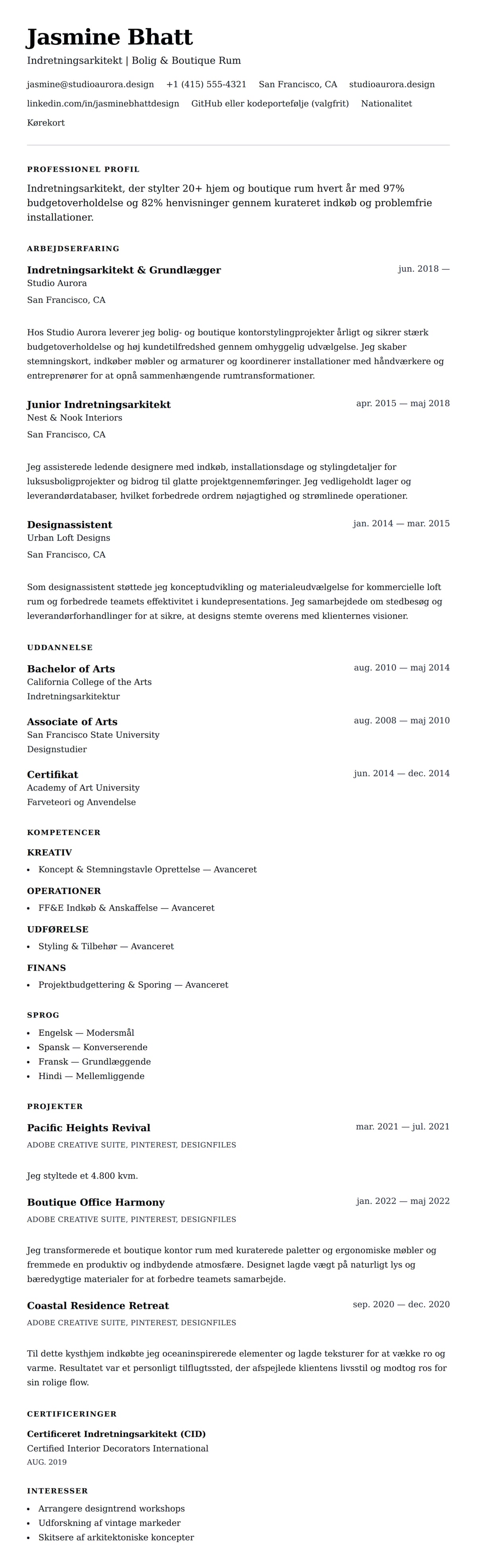 CV-forhåndsvisning for Indretningsarkitekt CV Eksempel
