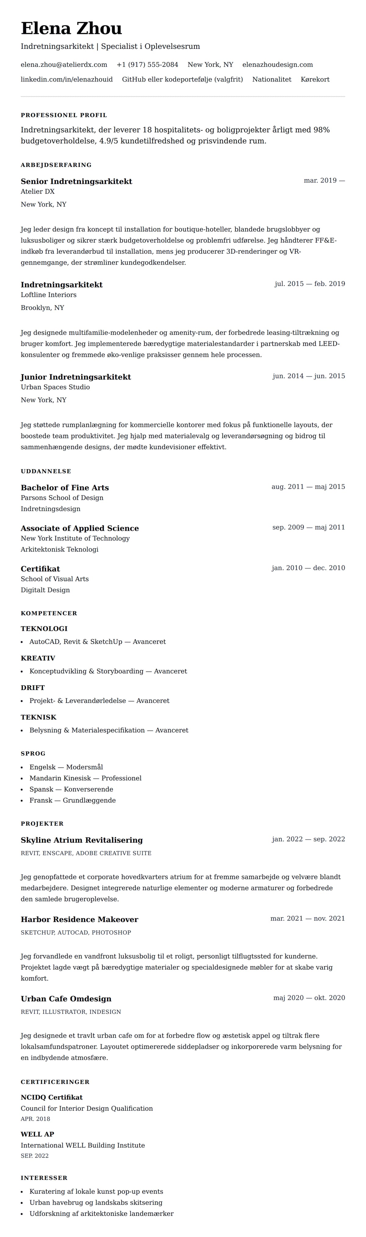 CV-forhåndsvisning for Eksempel på CV for Indretningsarkitekt