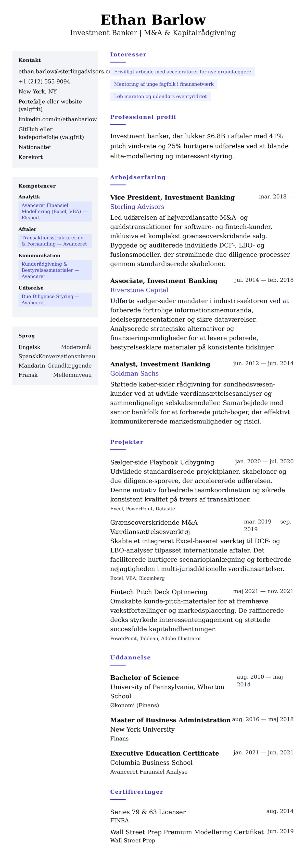 CV-forhåndsvisning for Investment Banker CV Eksempel