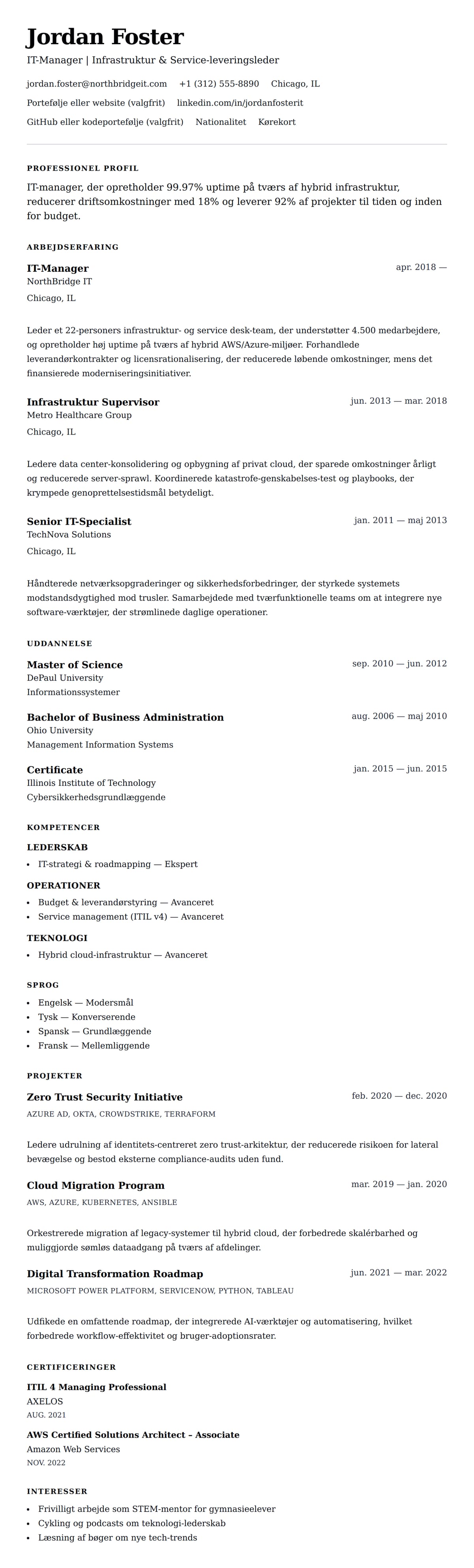 CV-forhåndsvisning for IT-Manager CV Eksempel