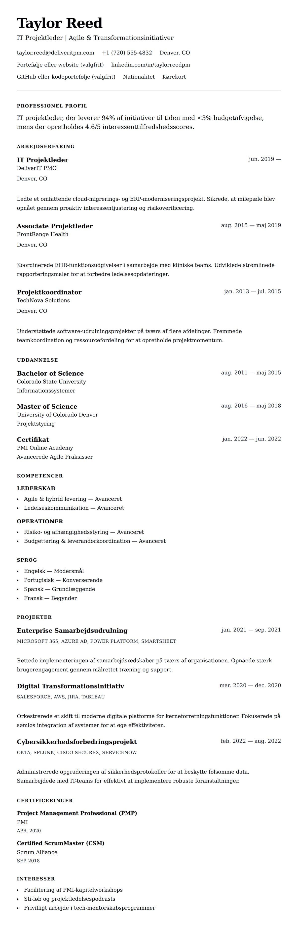 CV-forhåndsvisning for IT Projektleder CV Eksempel