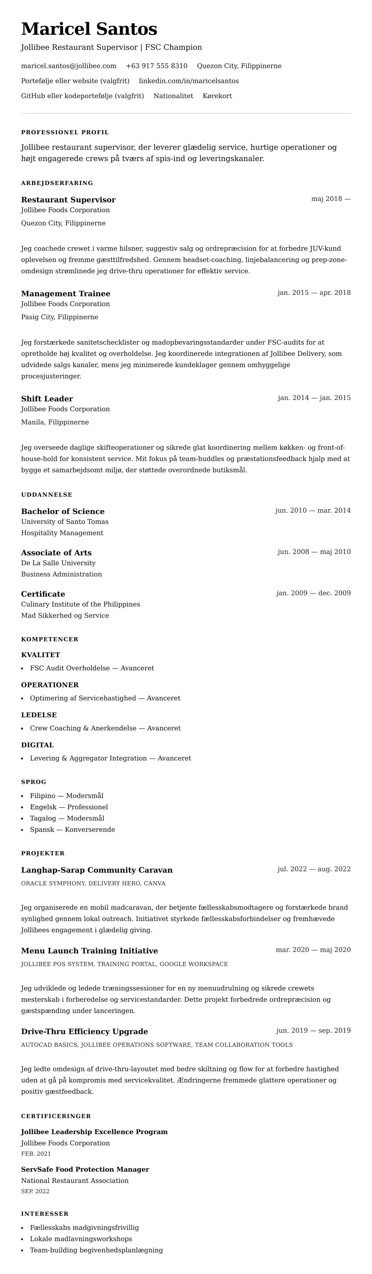 CV-forhåndsvisning for Jollibee Restaurant Supervisor CV Eksempel