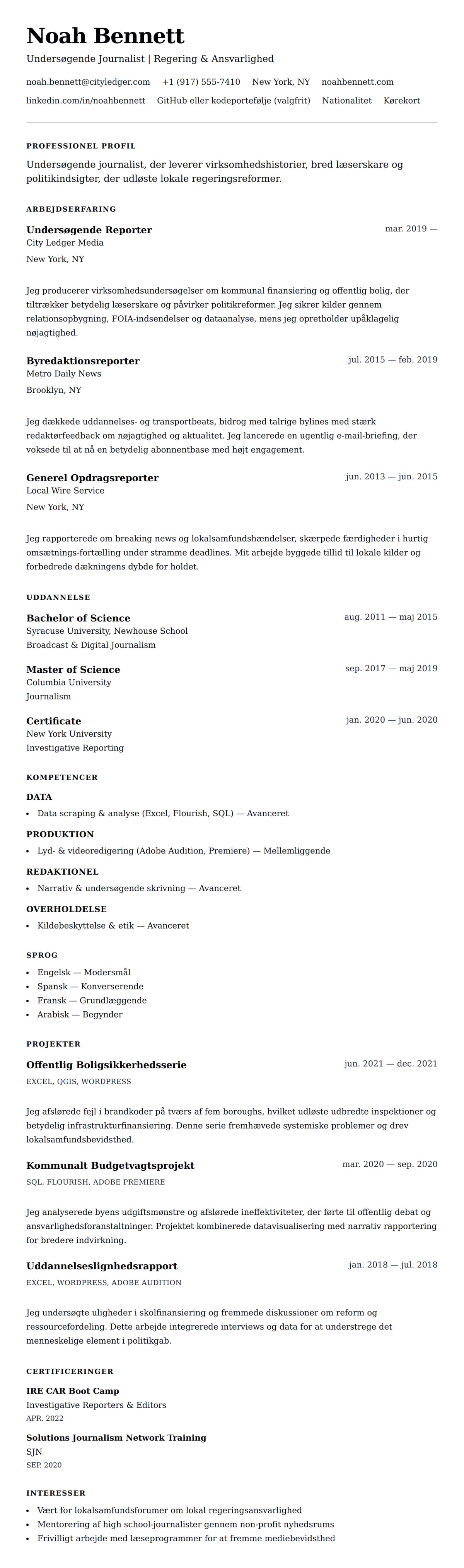 CV-forhåndsvisning for Eksempel på journalist-CV