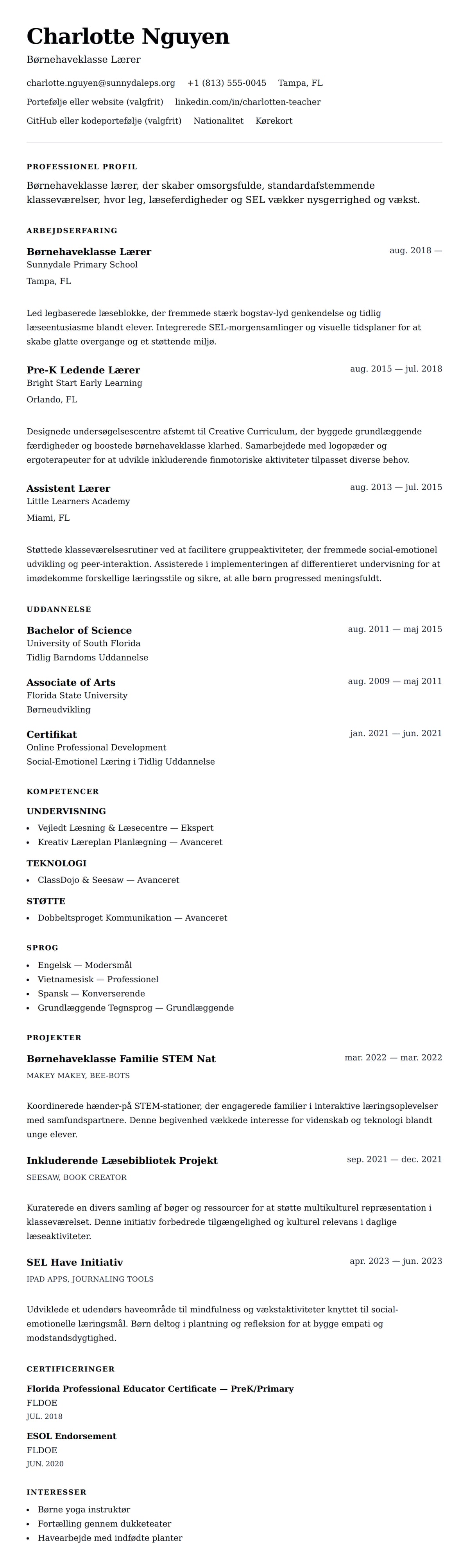CV-forhåndsvisning for Børnehaveklasse Lærer CV Eksempel
