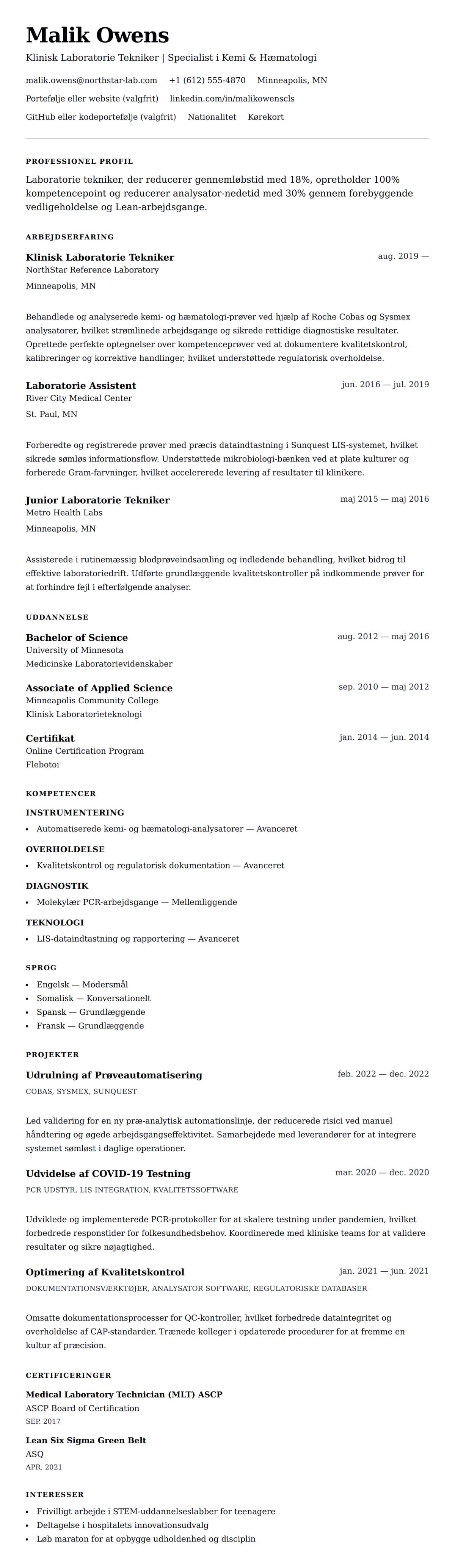 CV-forhåndsvisning for Laboratorie Tekniker CV Eksempel