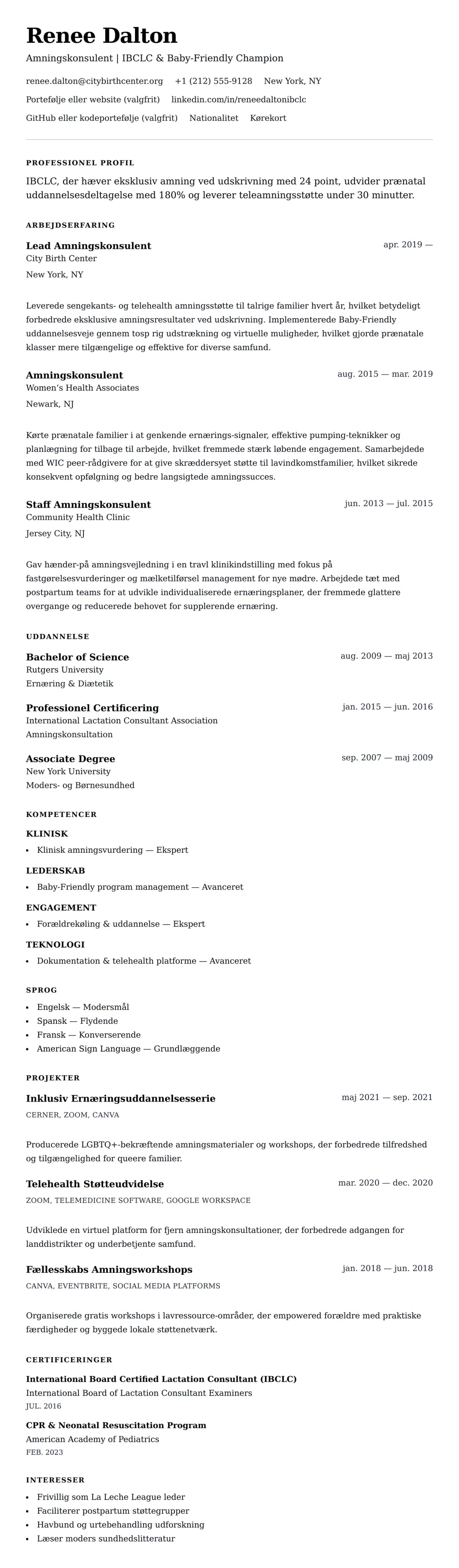 CV-forhåndsvisning for Amningskonsulent CV Eksempel