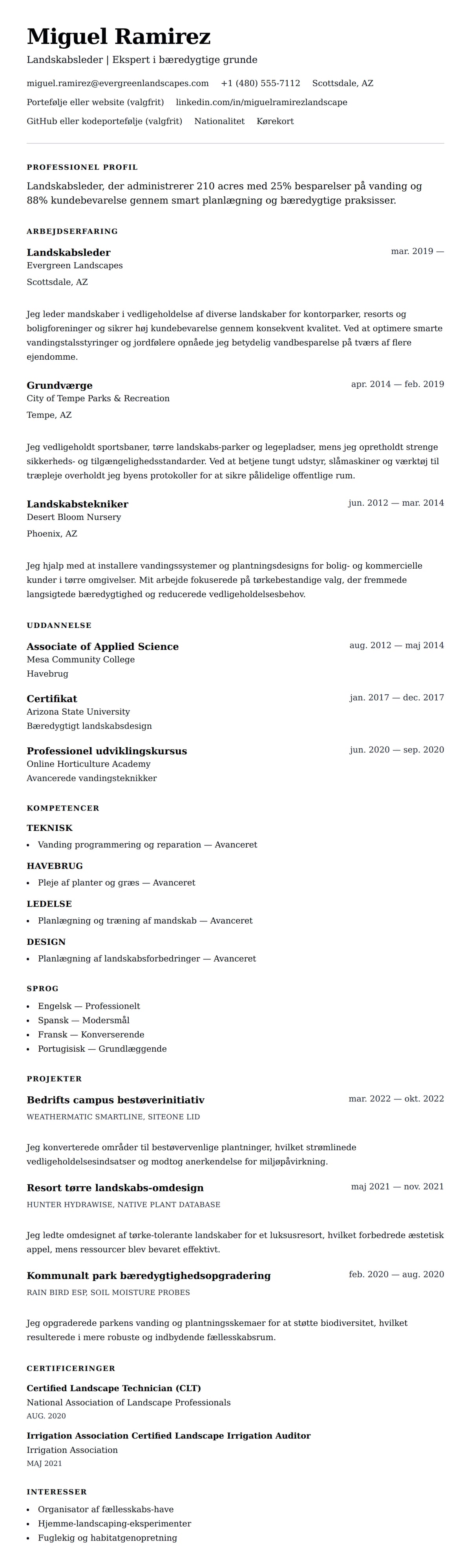 CV-forhåndsvisning for Landscaping CV-eksempel