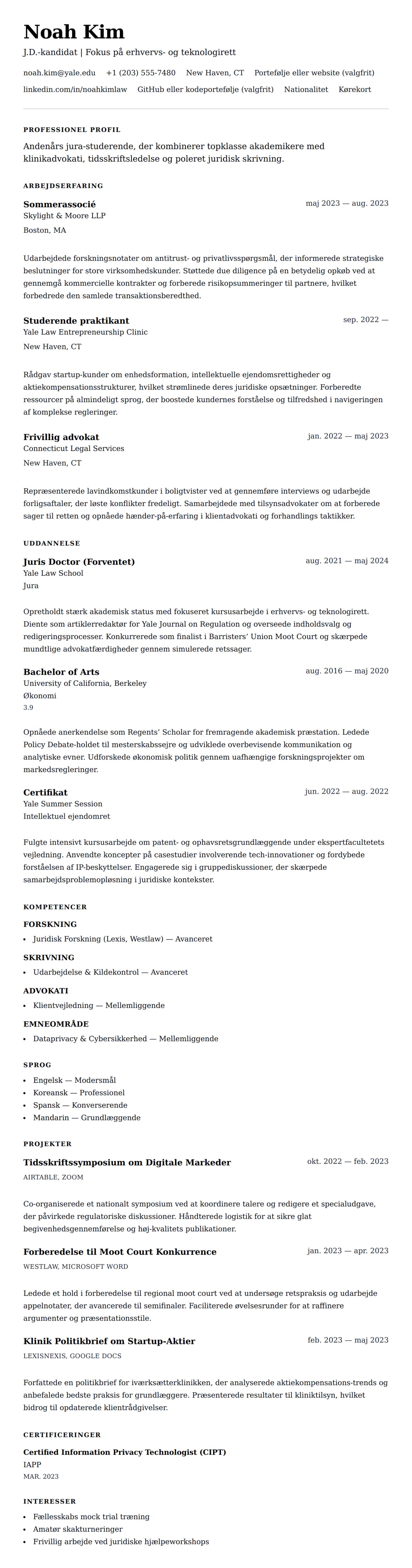 CV-forhåndsvisning for Eksempel på CV for Jura-studerende
