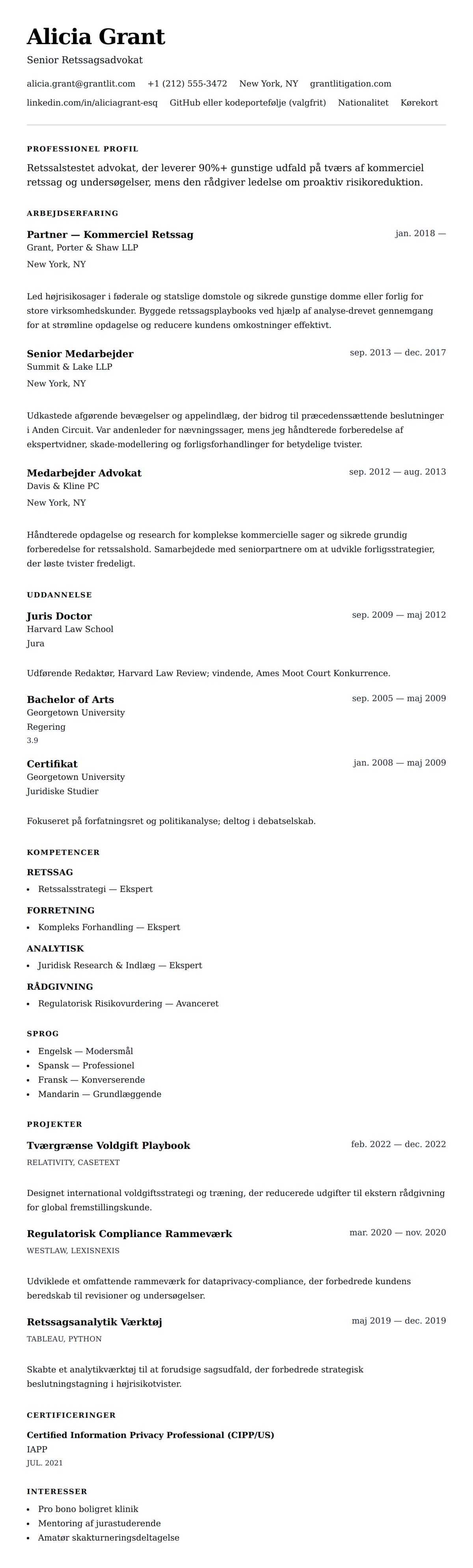 CV-forhåndsvisning for Advokat CV Eksempel