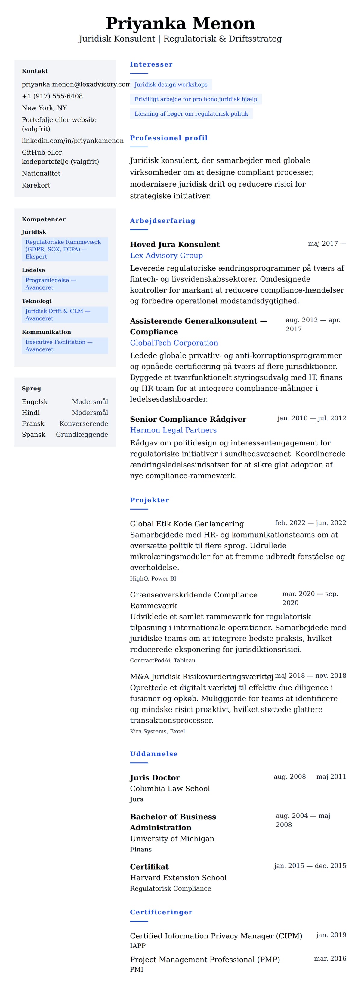 CV-forhåndsvisning for Juridisk Konsulent CV Eksempel