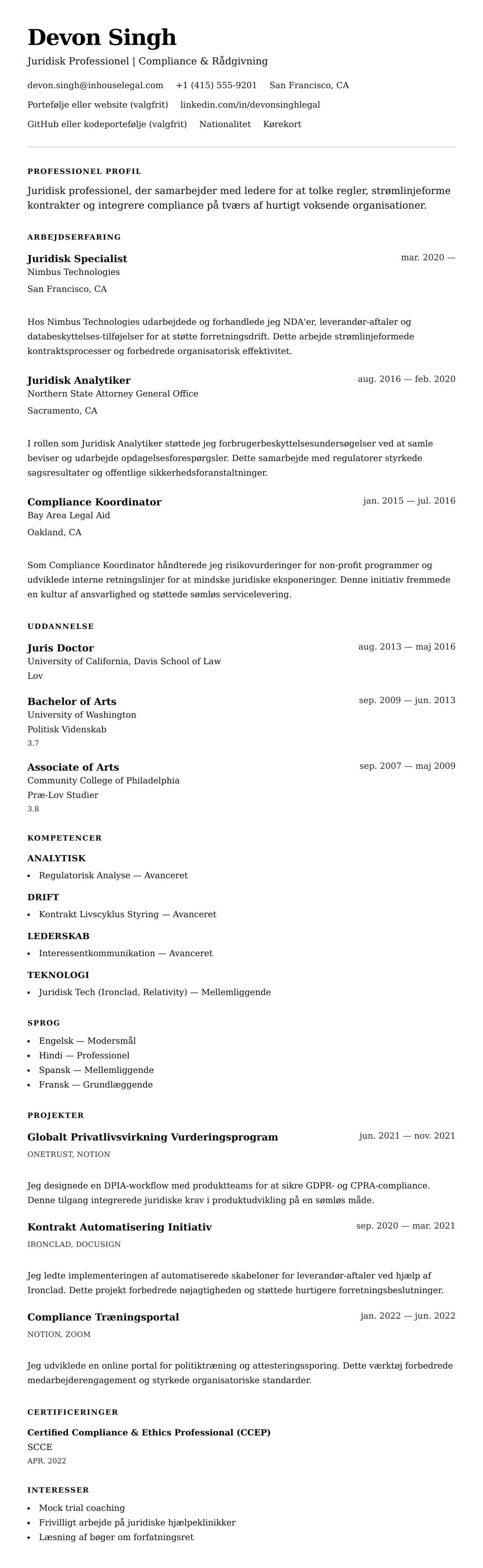 CV-forhåndsvisning for Juridisk Professionel CV Eksempel