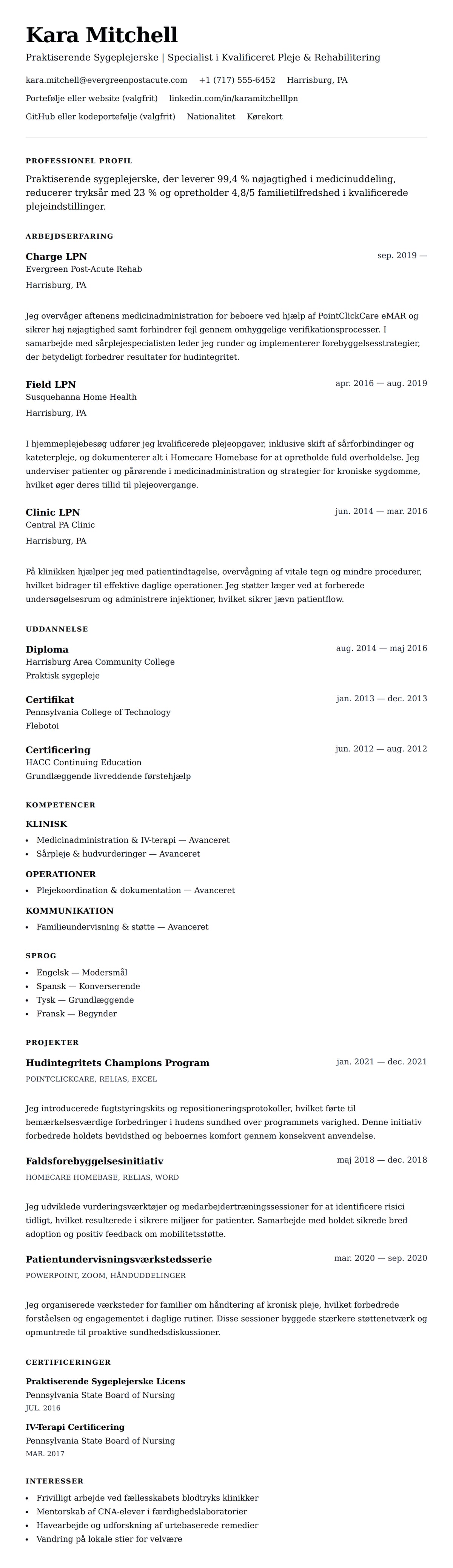 CV-forhåndsvisning for Praktiserende Sygeplejerske (LPN) CV Eksempel