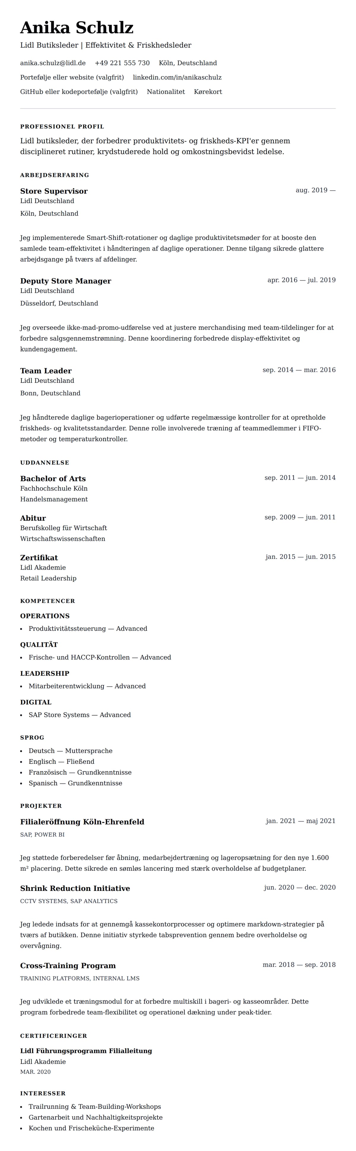 CV-forhåndsvisning for Lidl Butiksleder CV Eksempel