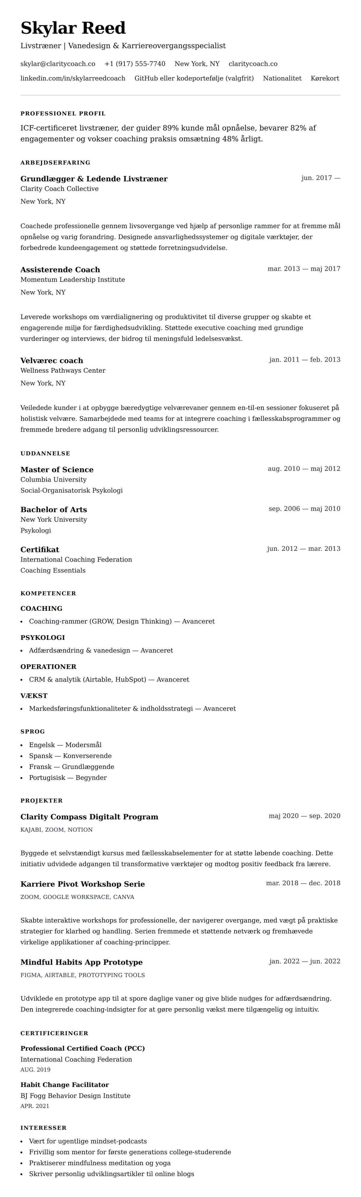 CV-forhåndsvisning for Livstræner CV Eksempel