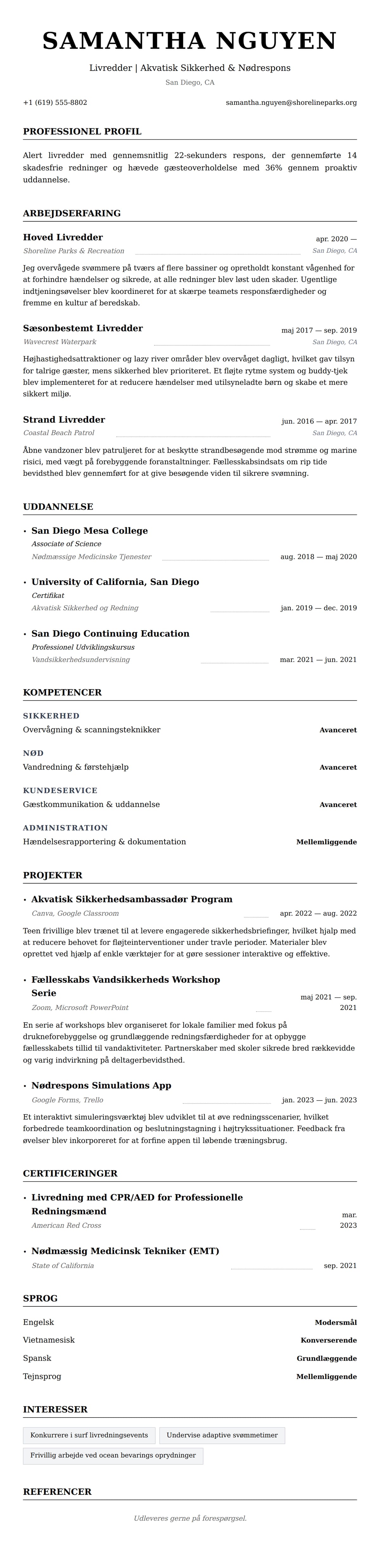 CV-forhåndsvisning for Livredder CV Eksempel