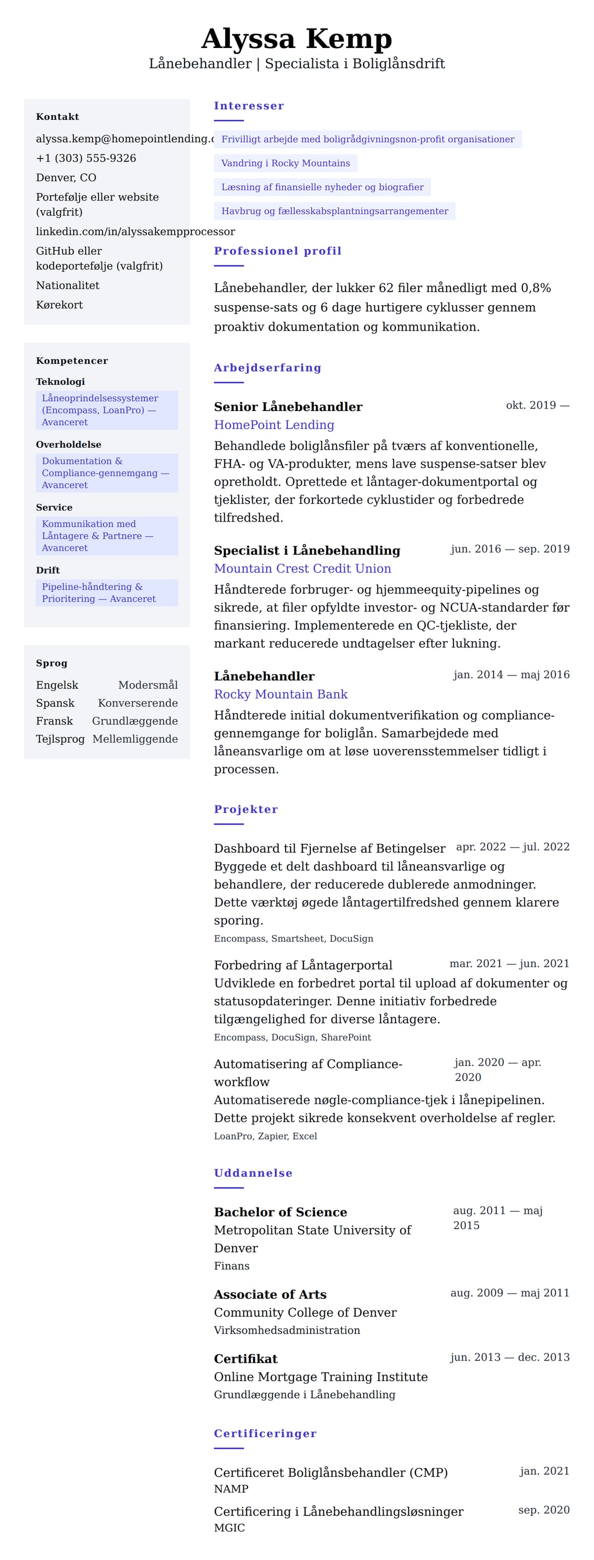 CV-forhåndsvisning for Eksempel på CV for Lånebehandler