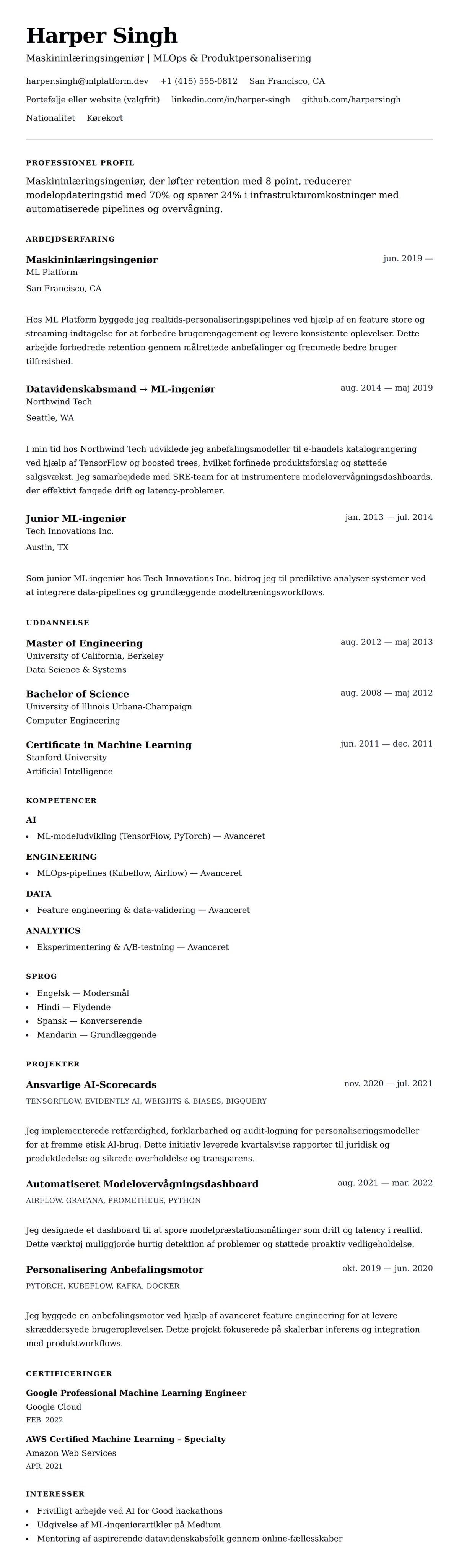 CV-forhåndsvisning for Eksempel på CV for Maskininlæringsingeniør