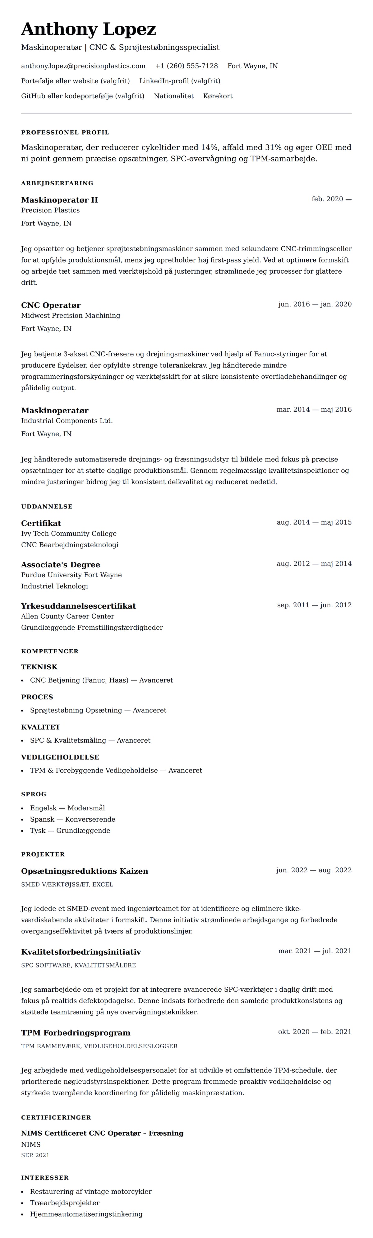 CV-forhåndsvisning for Maskinoperatør CV Eksempel