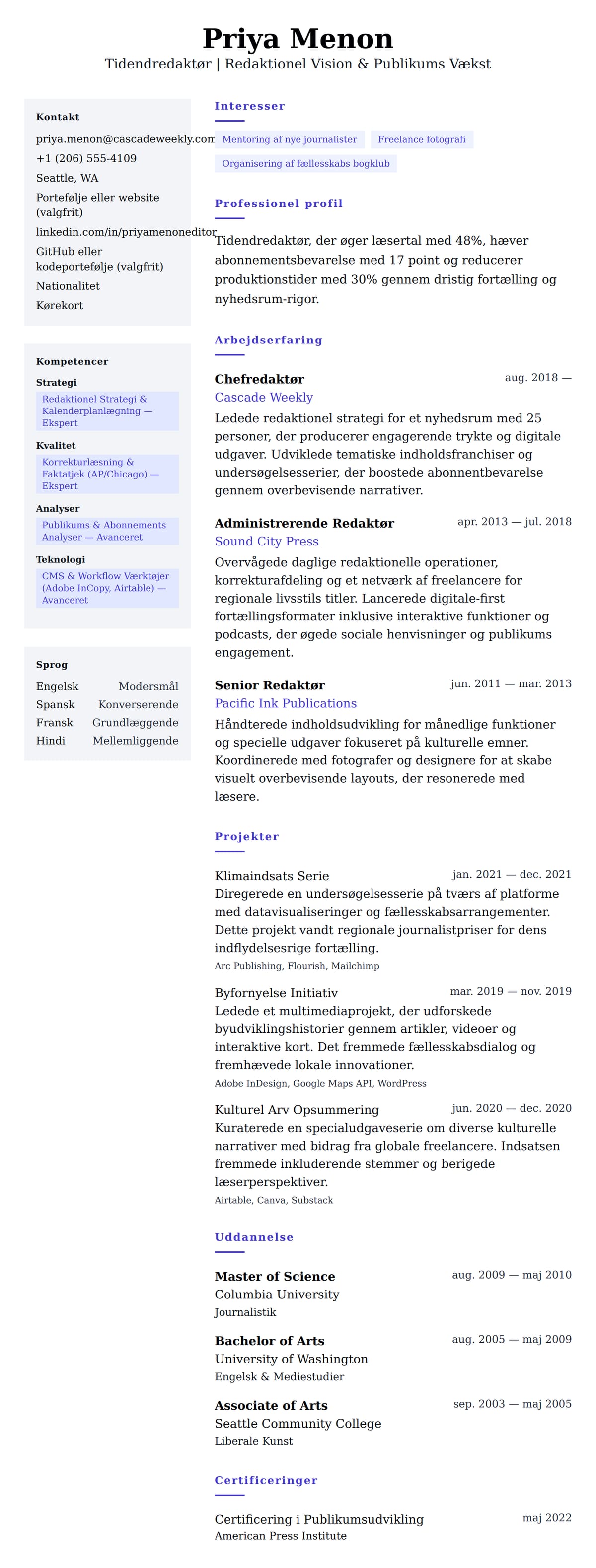 CV-forhåndsvisning for Tidendredaktør CV Eksempel