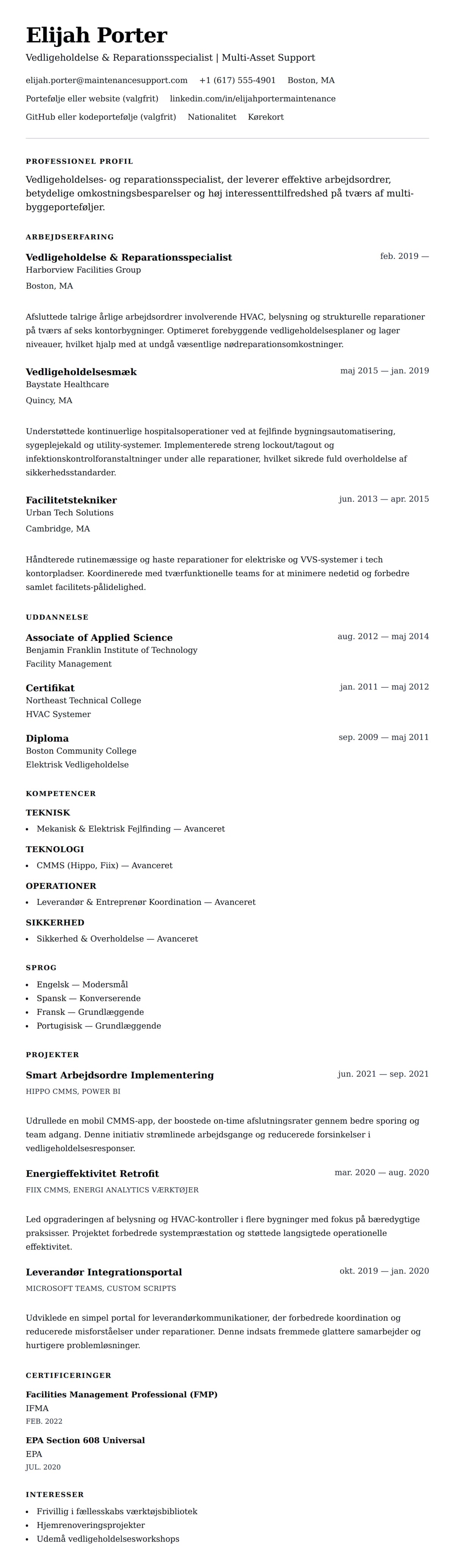 CV-forhåndsvisning for Vedligeholdelse & Reparation CV Eksempel