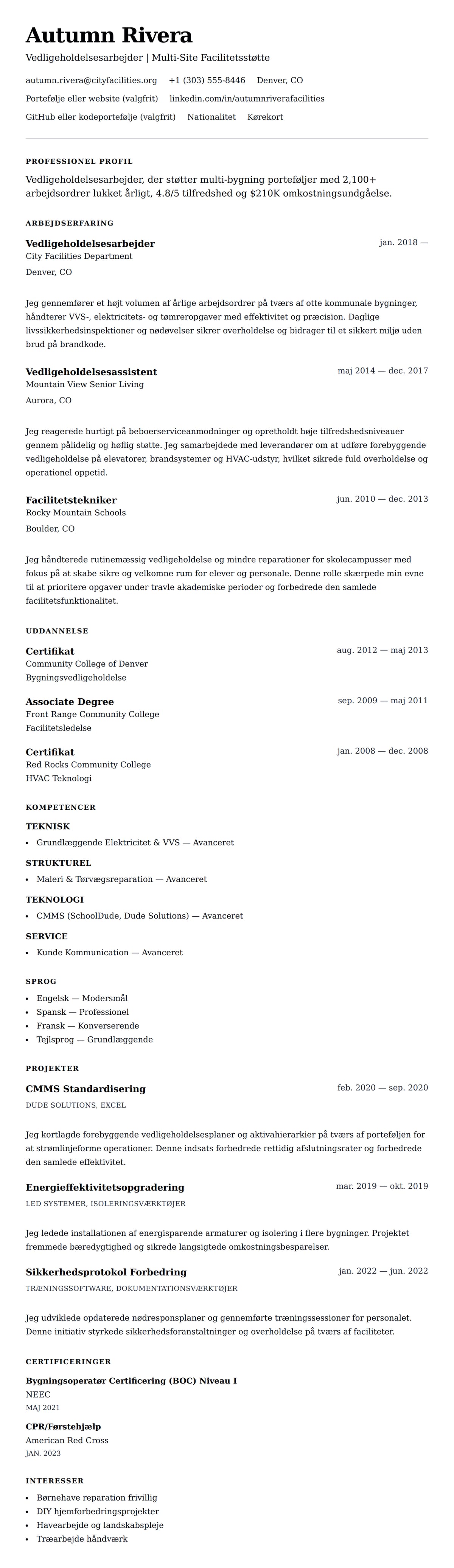 CV-forhåndsvisning for Vedligeholdelsesarbejder CV Eksempel