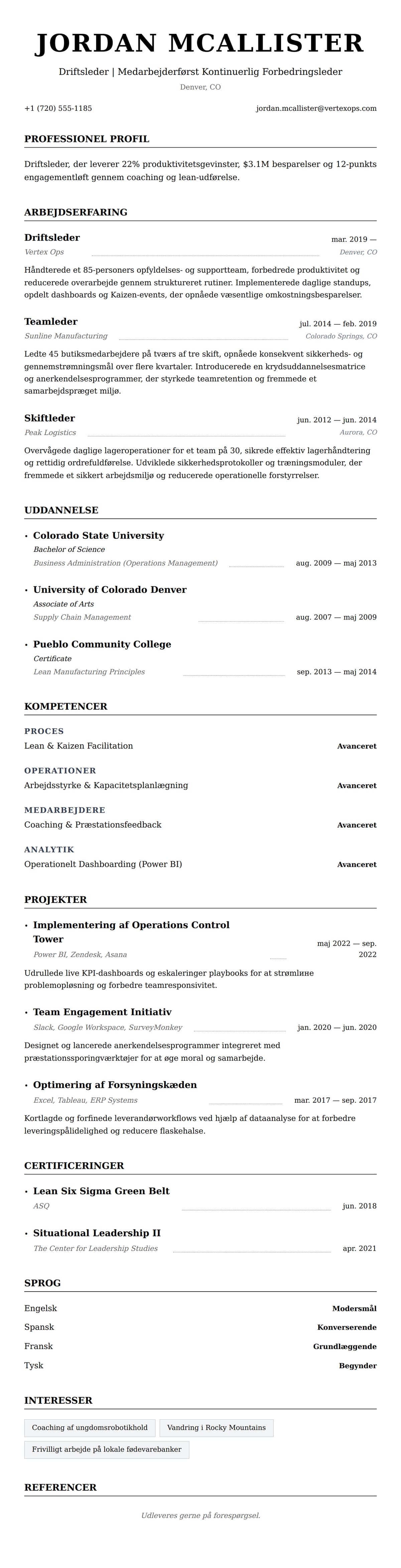 CV-forhåndsvisning for Driftsleder CV Eksempel