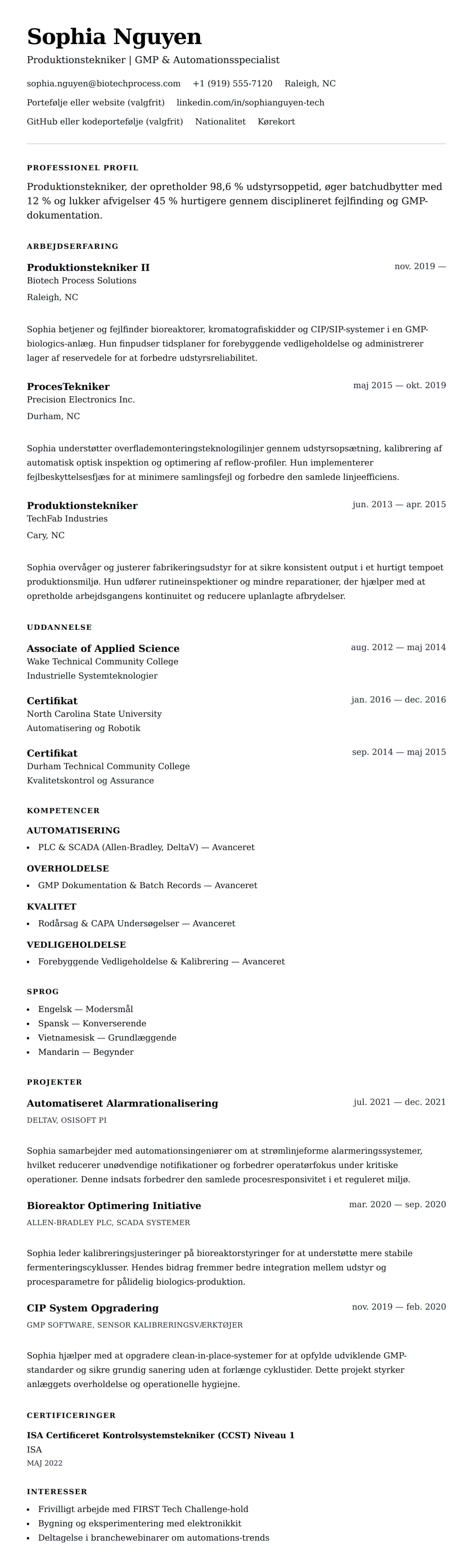 CV-forhåndsvisning for Produktionstekniker CV Eksempel