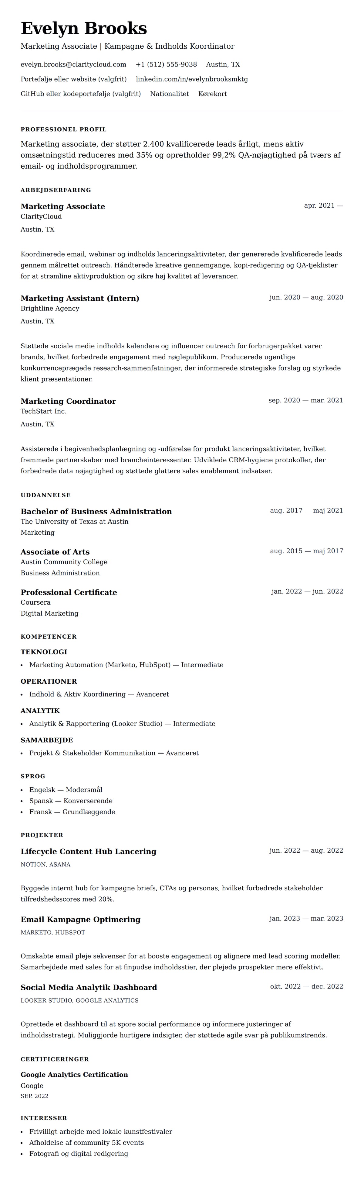 CV-forhåndsvisning for Marketing Associate CV Eksempel