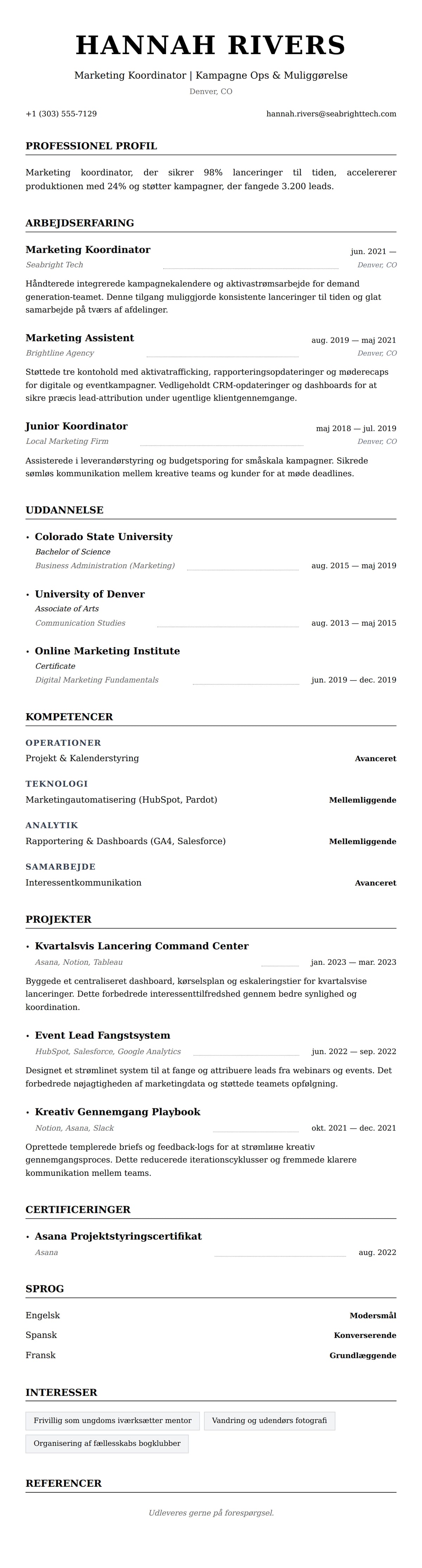 CV-forhåndsvisning for Marketing Koordinator CV Eksempel