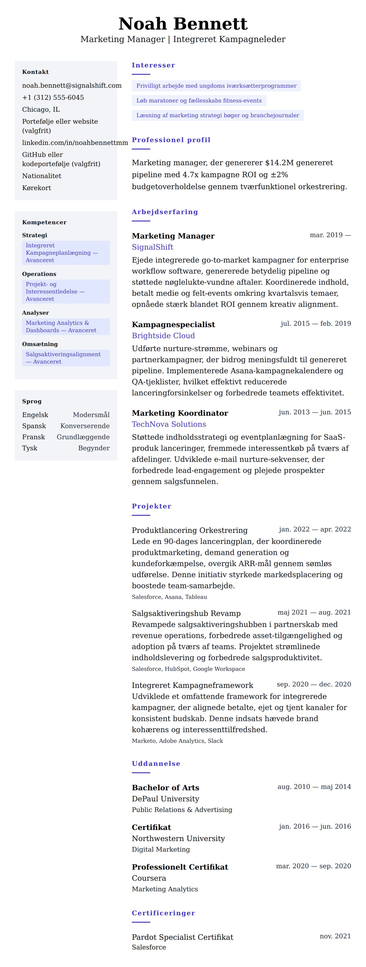 CV-forhåndsvisning for Marketing Manager CV Eksempel