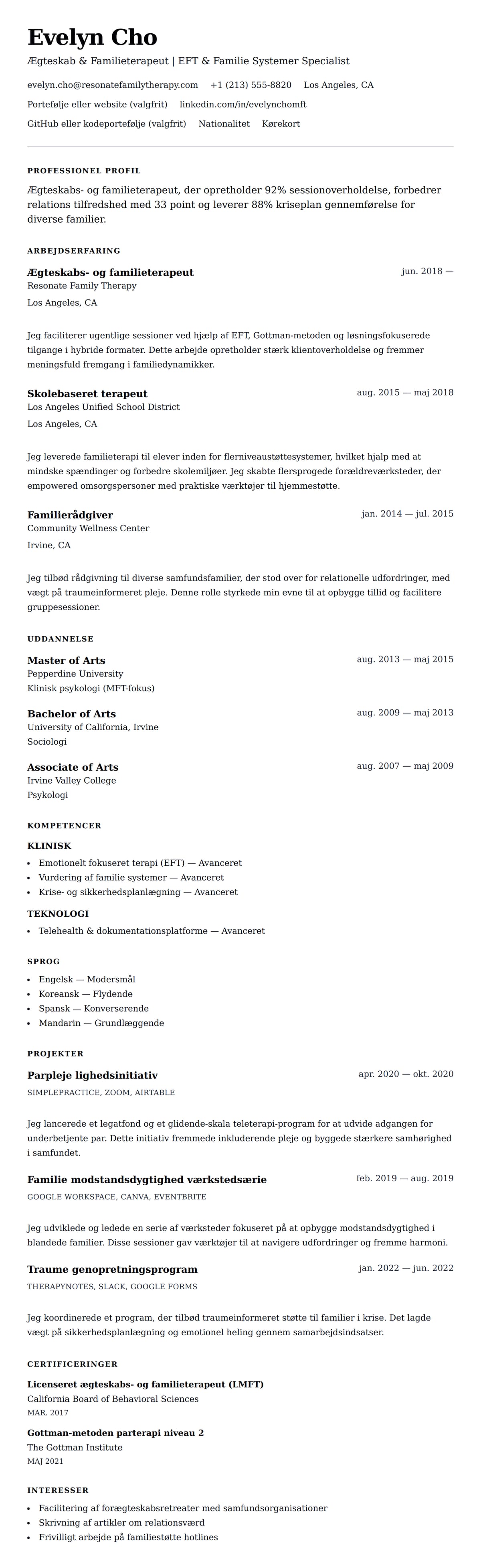 CV-forhåndsvisning for Ægteskabs- og familieterapeut CV-eksempel