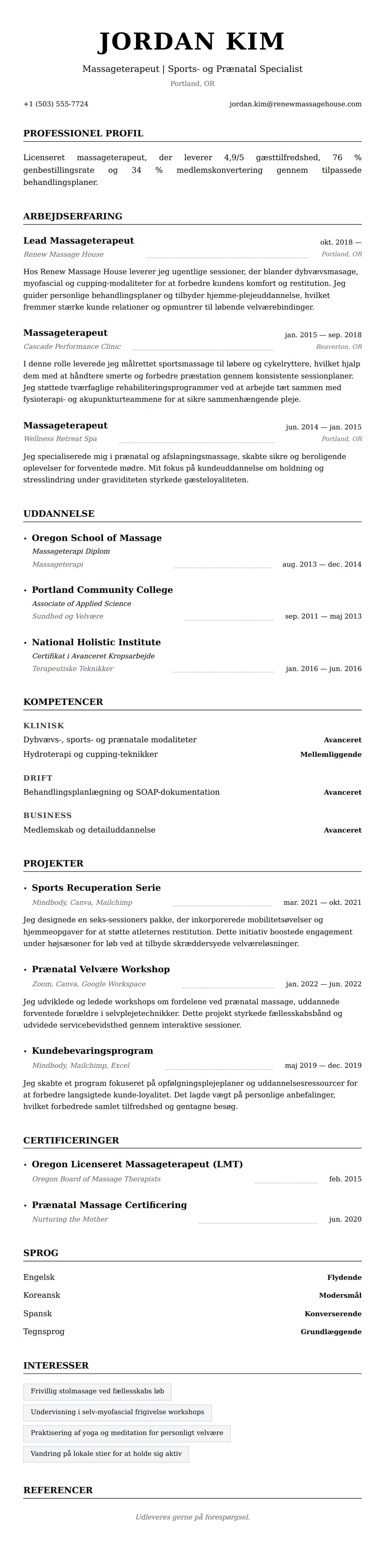 Massageterapeut CV Eksempel