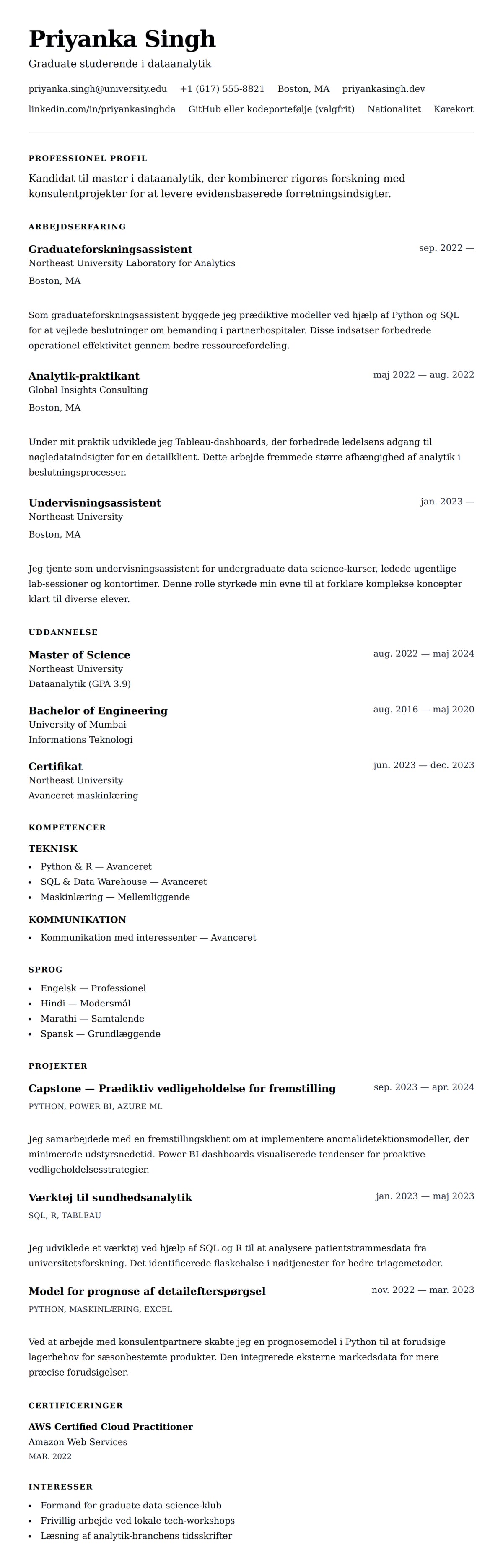 CV-forhåndsvisning for Eksempel på CV for cand. scient. studerende