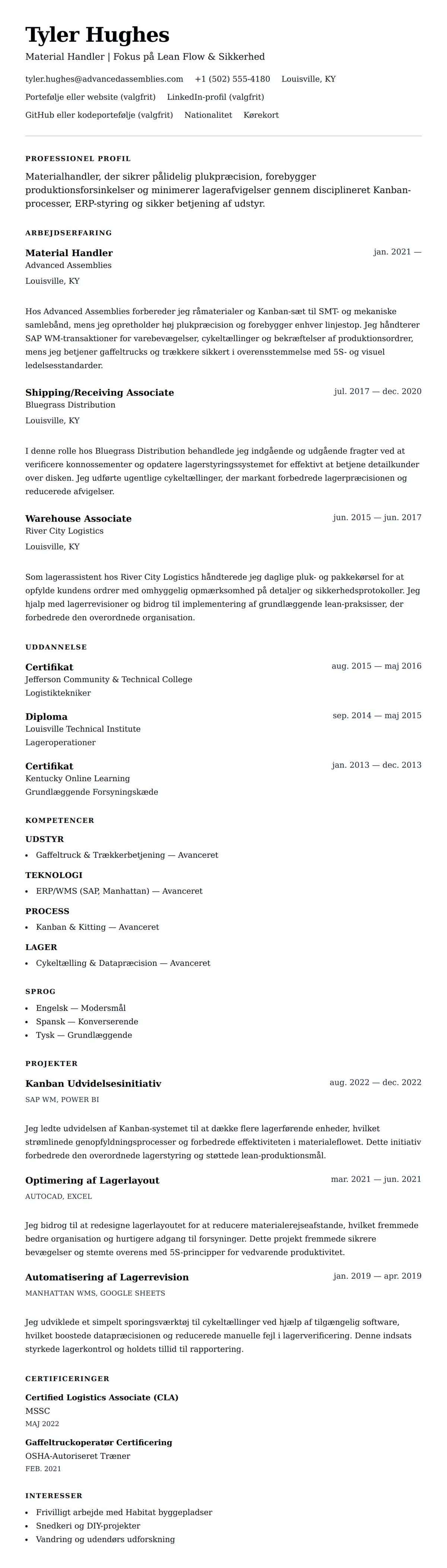 CV-forhåndsvisning for Material Handler CV Eksempel