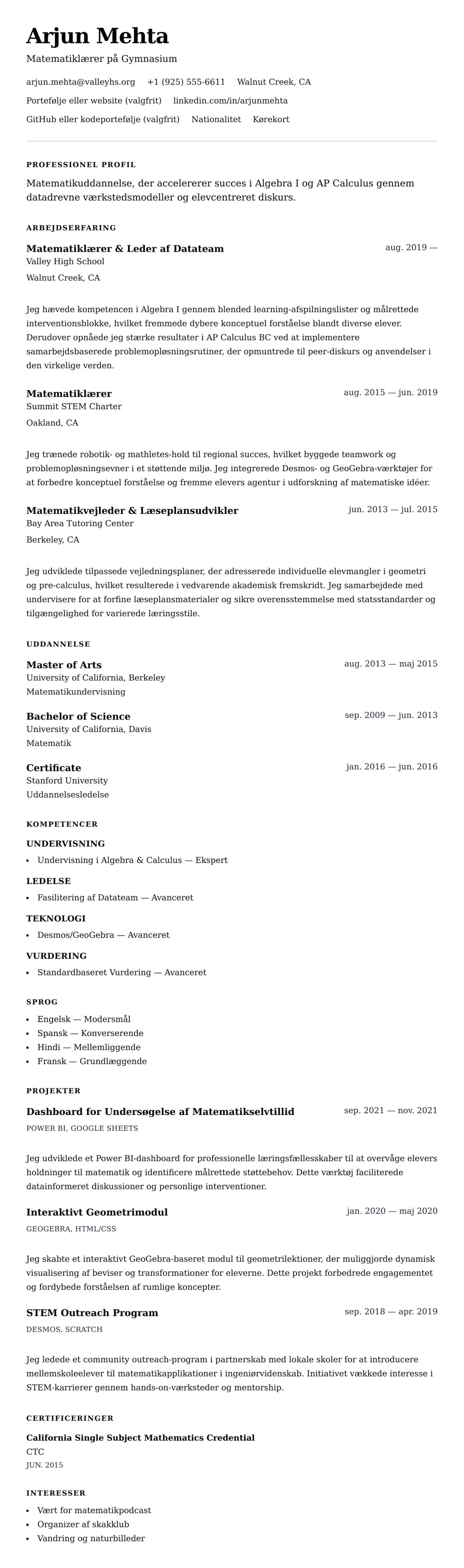 CV-forhåndsvisning for Eksempel på CV for Matematiklærer