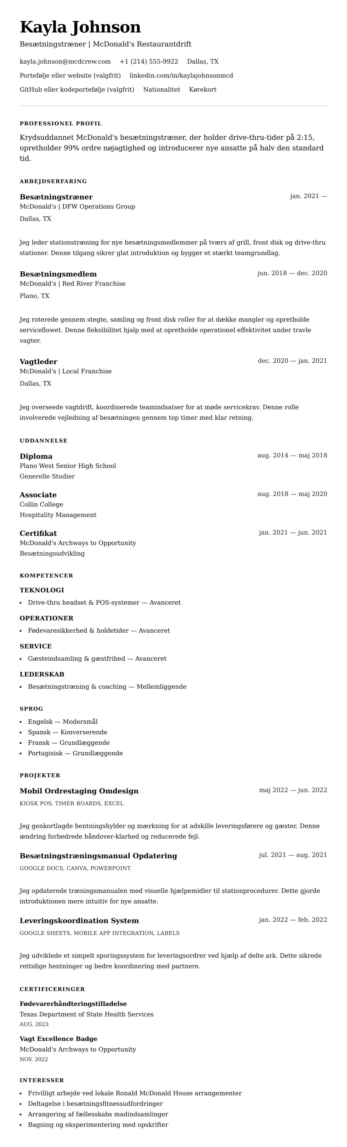 CV-forhåndsvisning for McDonald's Besætningsmedlem CV Eksempel