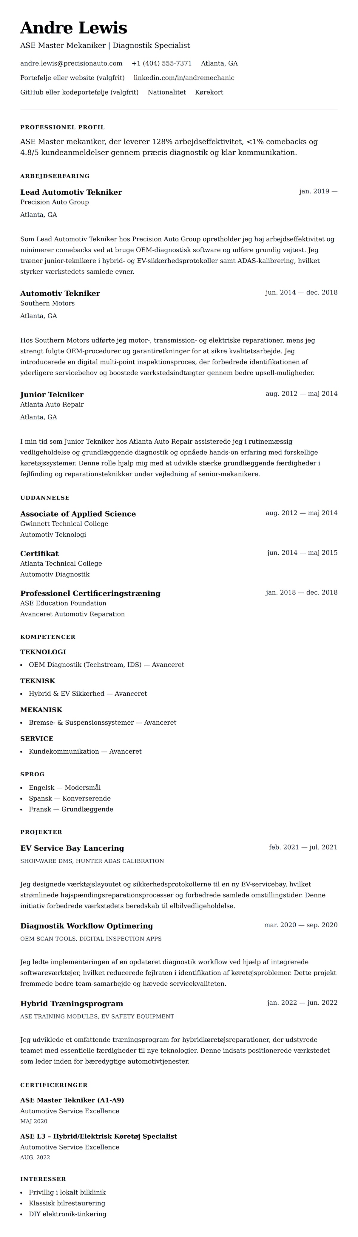 CV-forhåndsvisning for Mekaniker CV Eksempel