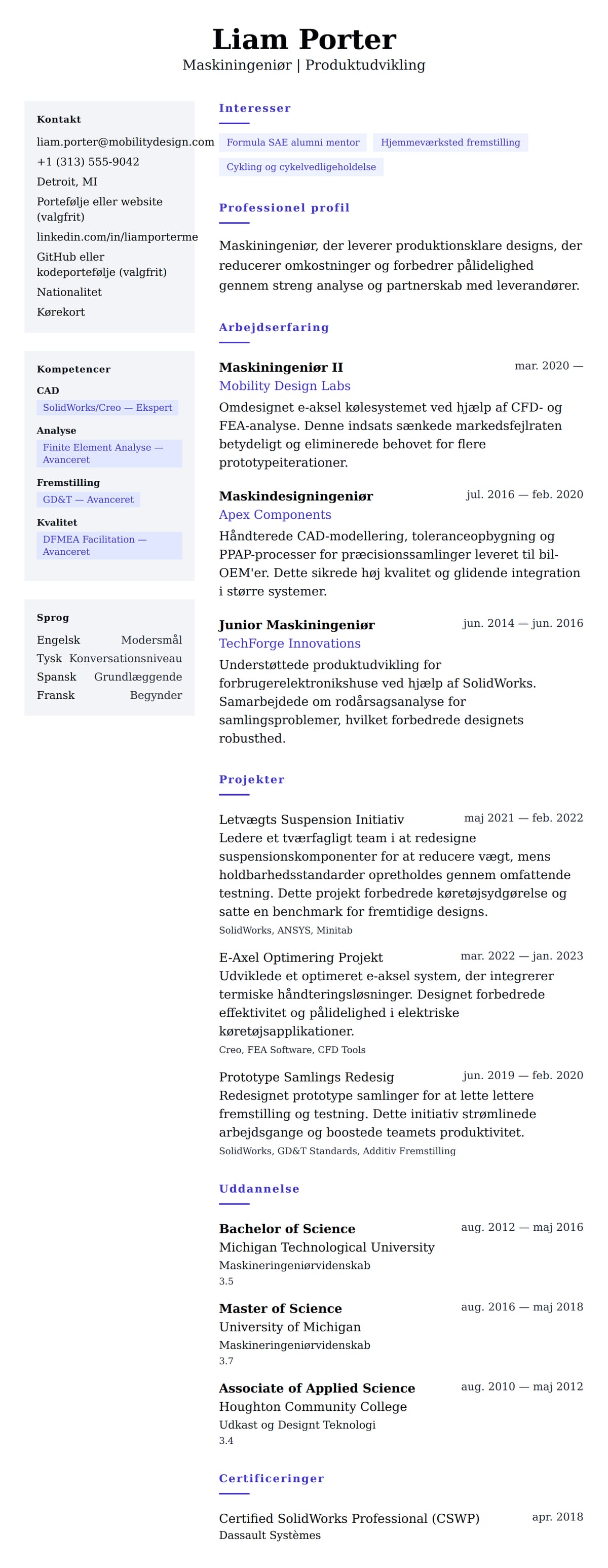 CV-forhåndsvisning for Maskiningeniør CV Eksempel