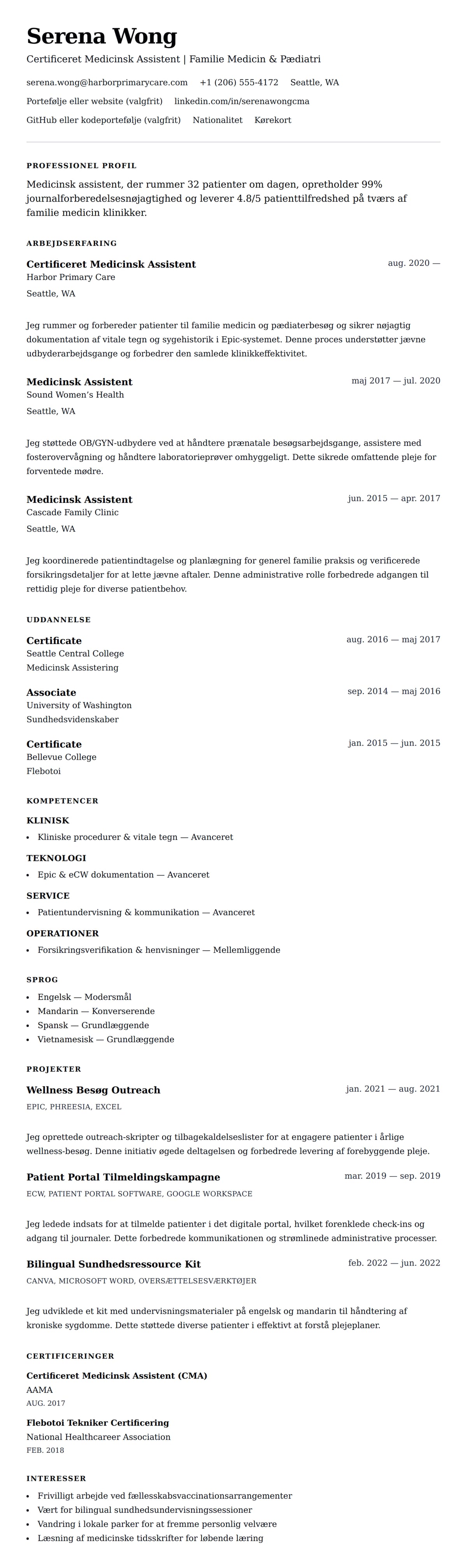 CV-forhåndsvisning for Medicinsk Assistent CV Eksempel