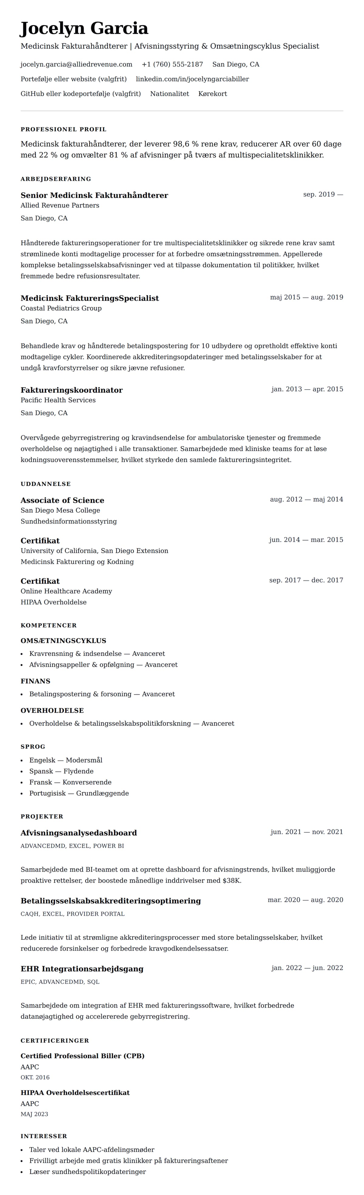 CV-forhåndsvisning for Medicinsk Fakturahåndterer CV Eksempel