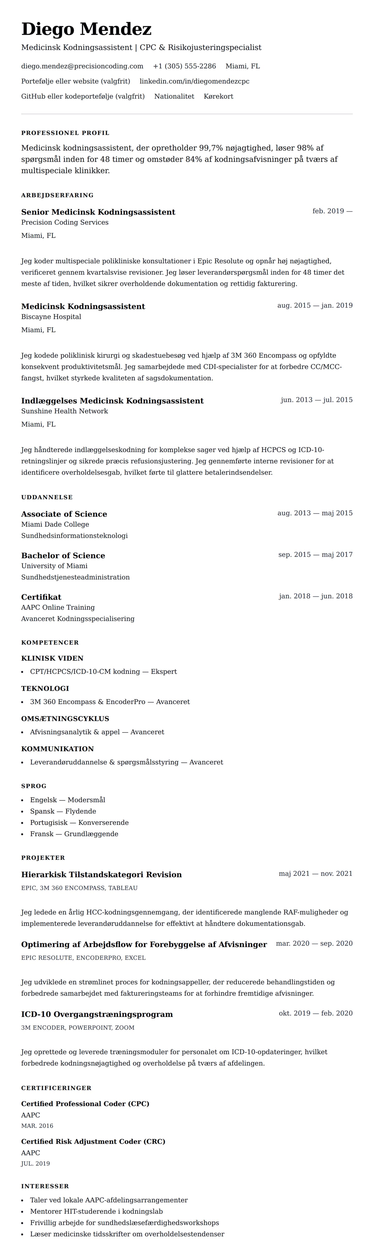 CV-forhåndsvisning for Medicinsk Kodningsassistent CV Eksempel