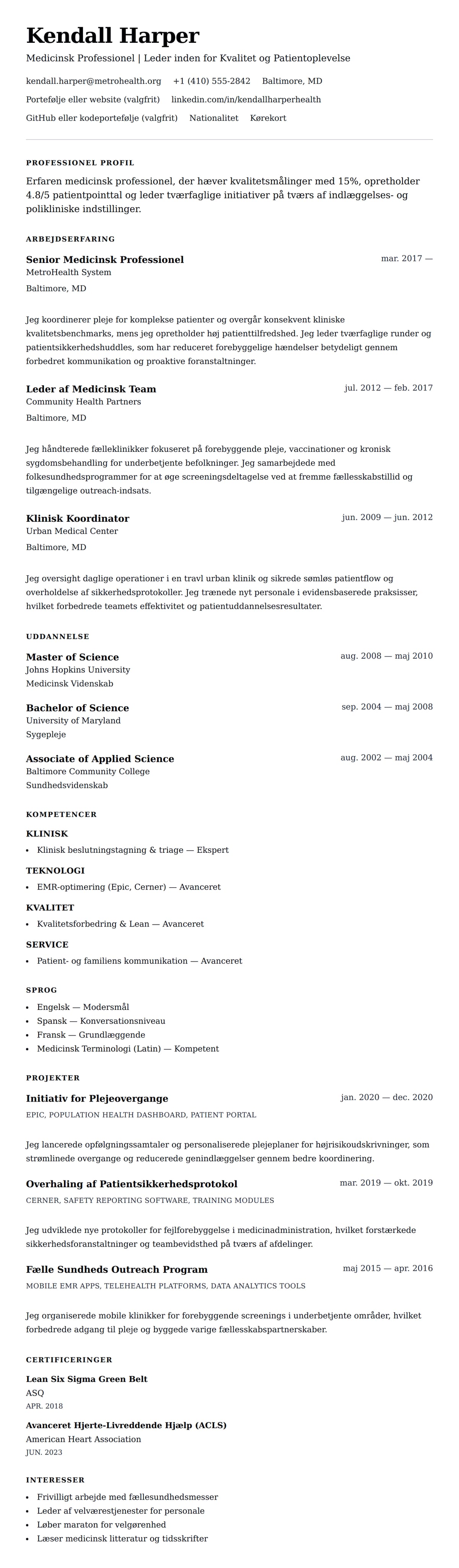 CV-forhåndsvisning for Eksempel på CV for Medicinsk Professionel