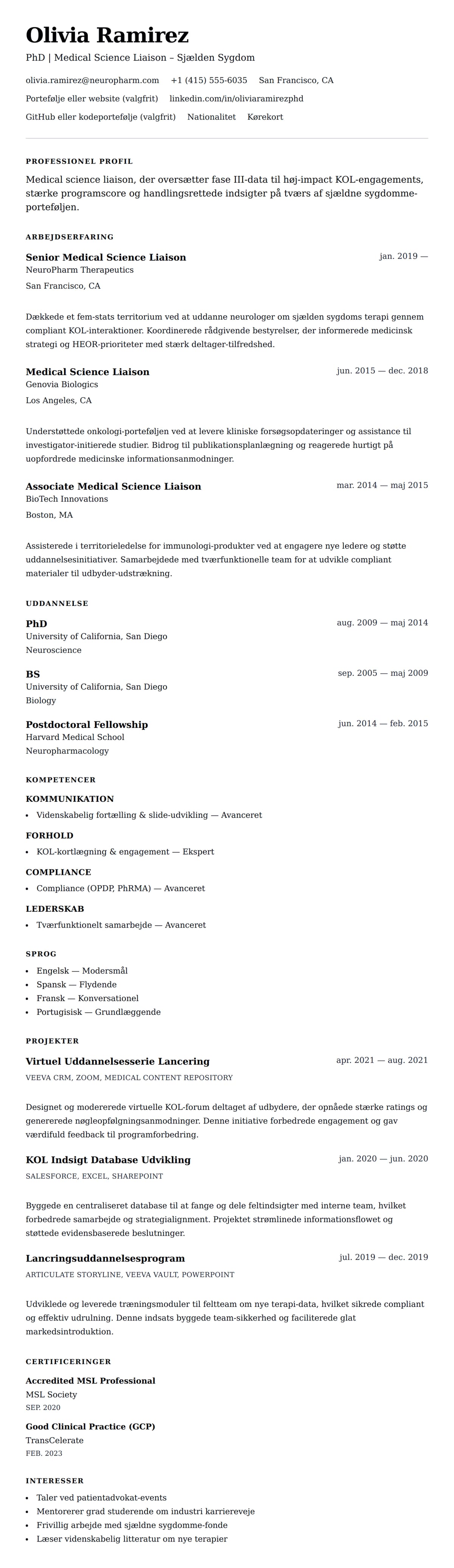 CV-forhåndsvisning for Medical Science Liaison CV Eksempel