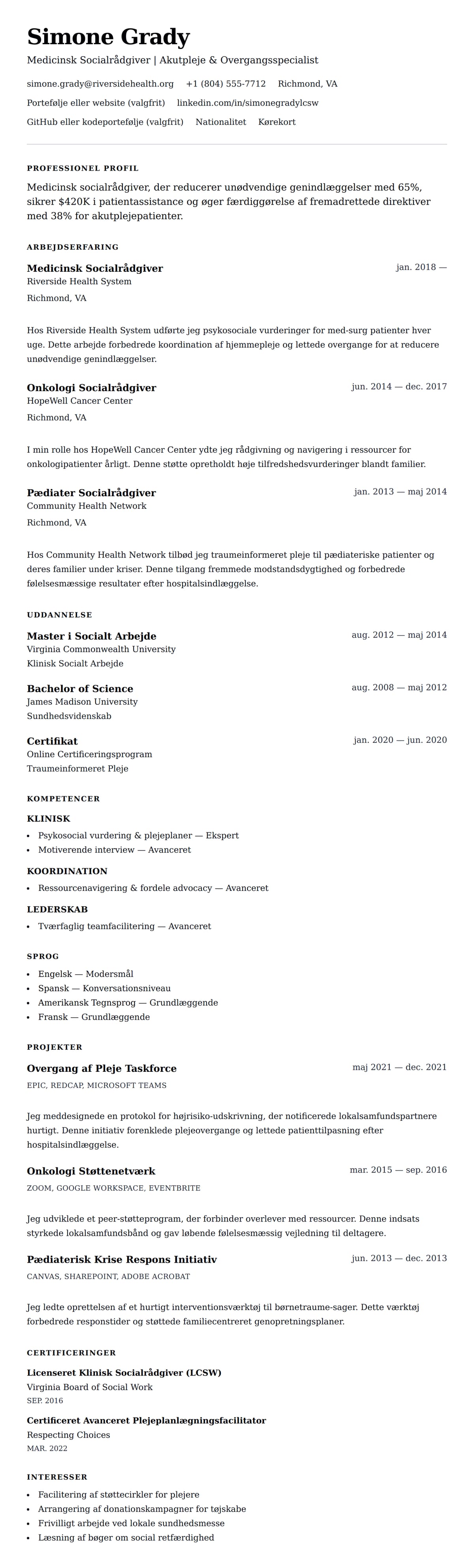 CV-forhåndsvisning for Medicinsk Socialrådgiver CV Eksempel