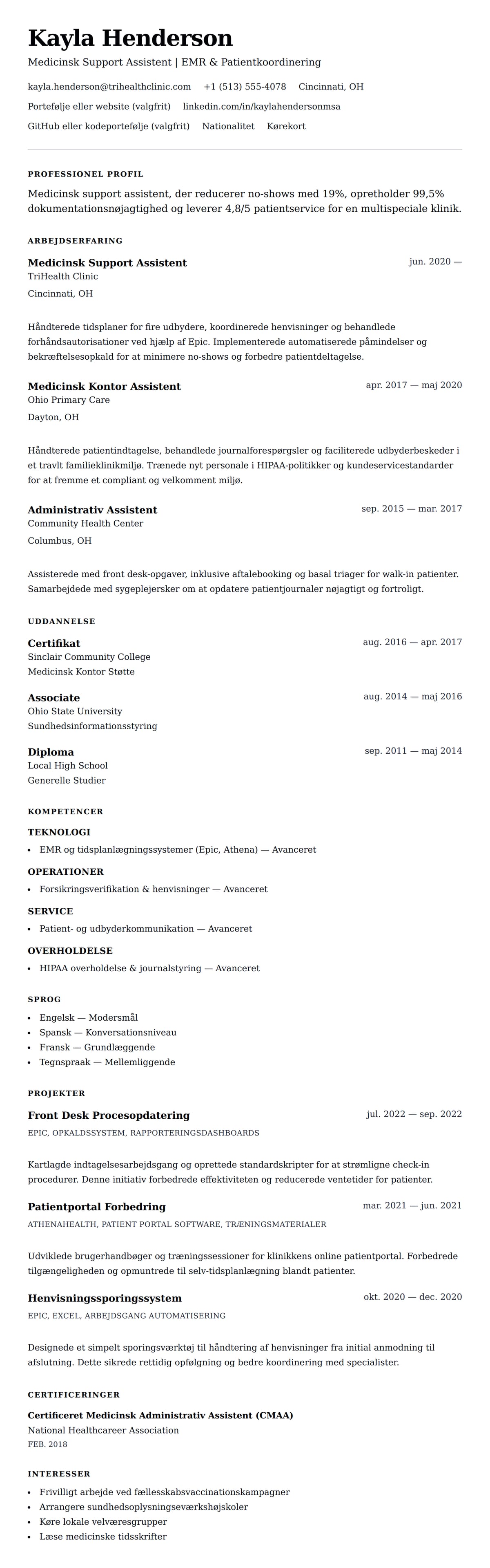 CV-forhåndsvisning for Medicinsk Support Assistent CV Eksempel