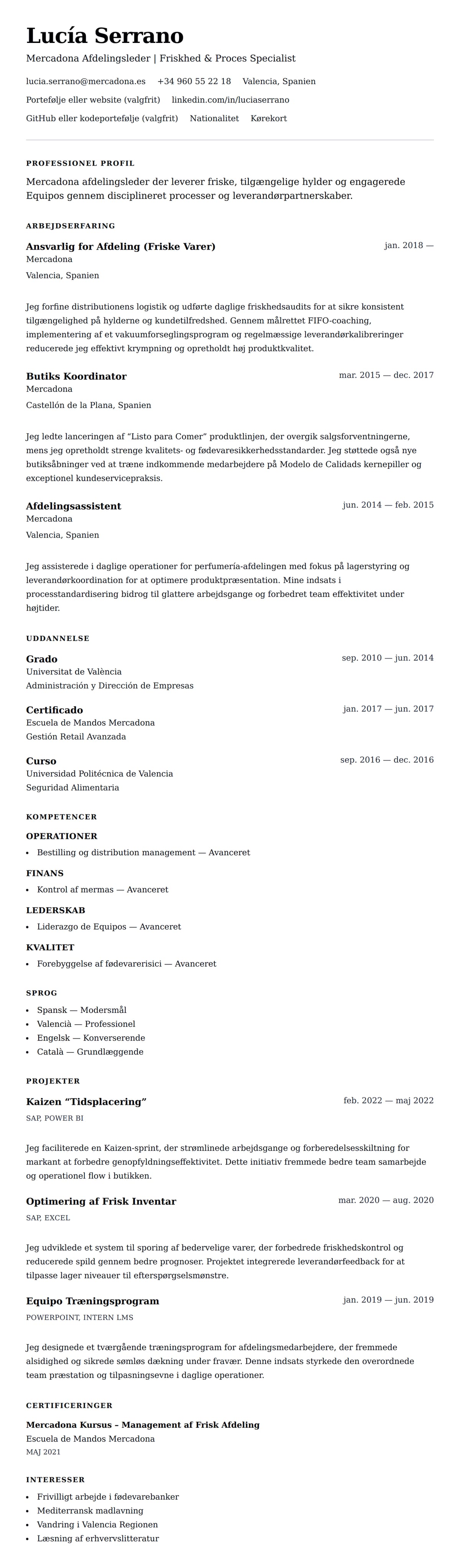 CV-forhåndsvisning for Mercadona Afdelingsleder CV Eksempel