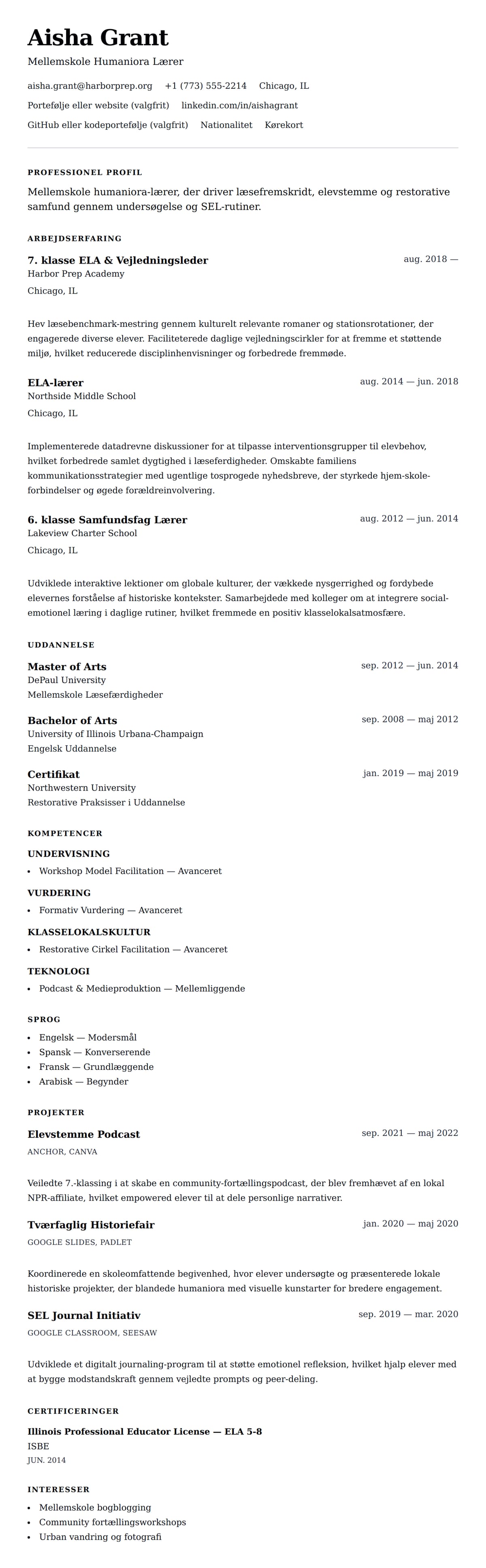 CV-forhåndsvisning for Mellemskolelærer CV-eksempel