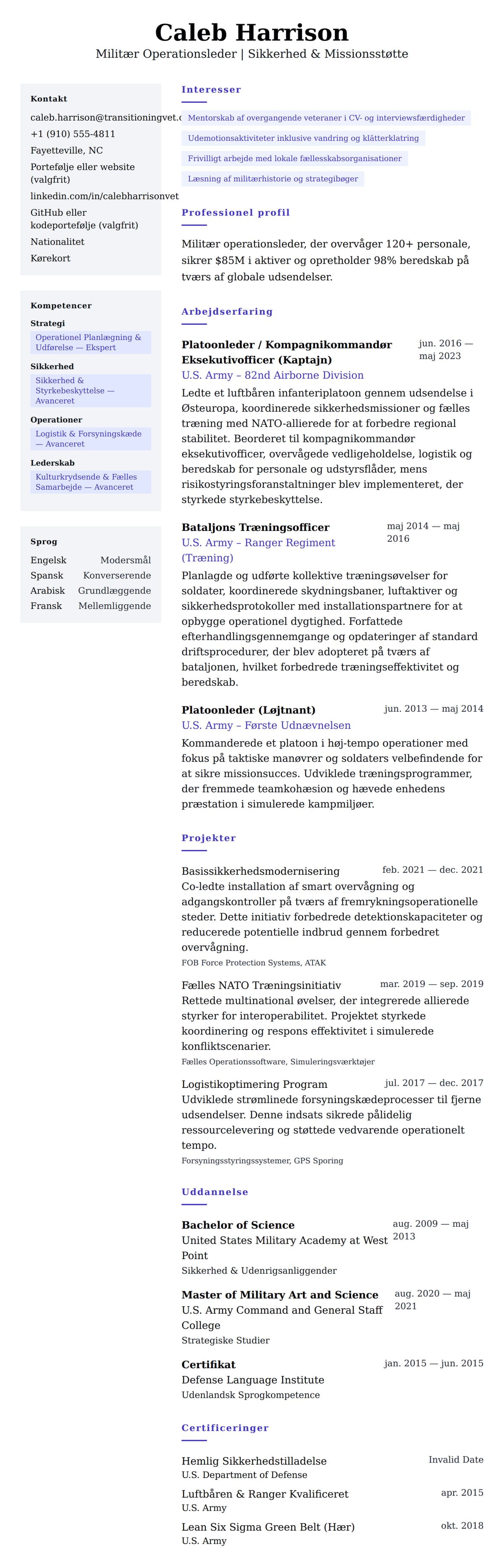 CV-forhåndsvisning for Eksempel på CV for militærtjenestemedlem