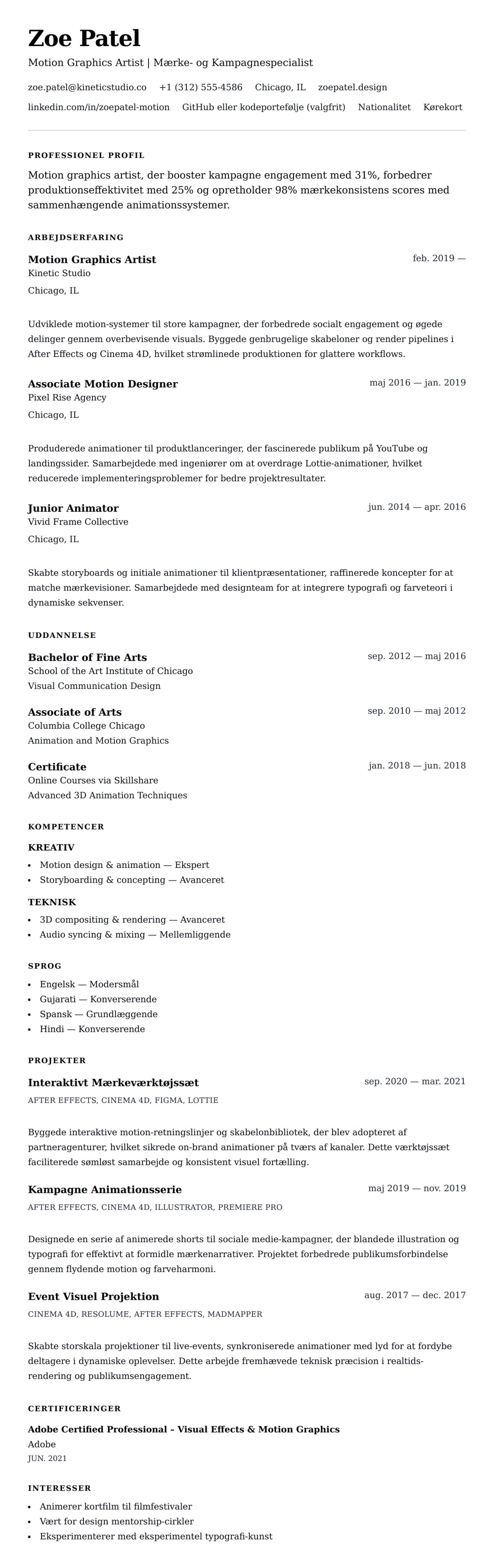 CV-forhåndsvisning for Motion Graphics Artist CV Eksempel