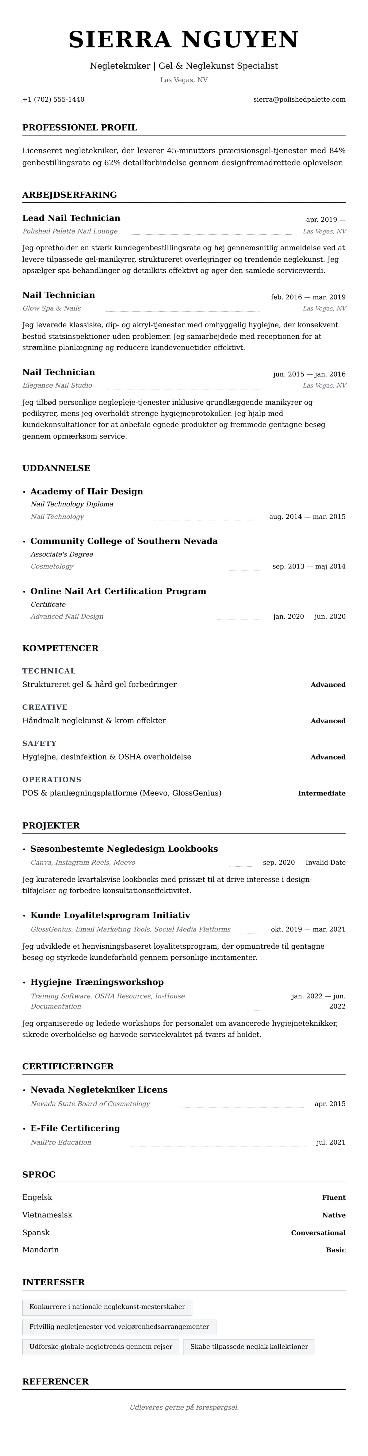 CV-forhåndsvisning for Negletekniker CV Eksempel